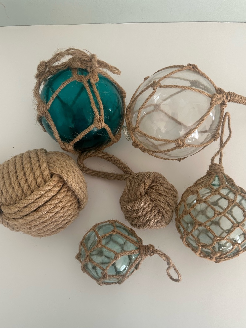 Coastal Glass Float Ornaments with Jute Netting - Teal & Clear